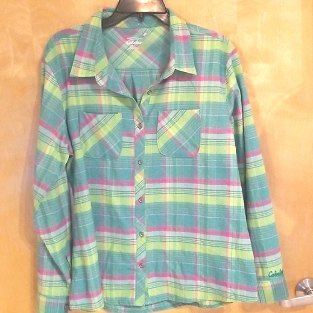 Cabela's Poly/Nylon Wicking Green, pink, yellow Plaid Flannel Button Down W's Lg